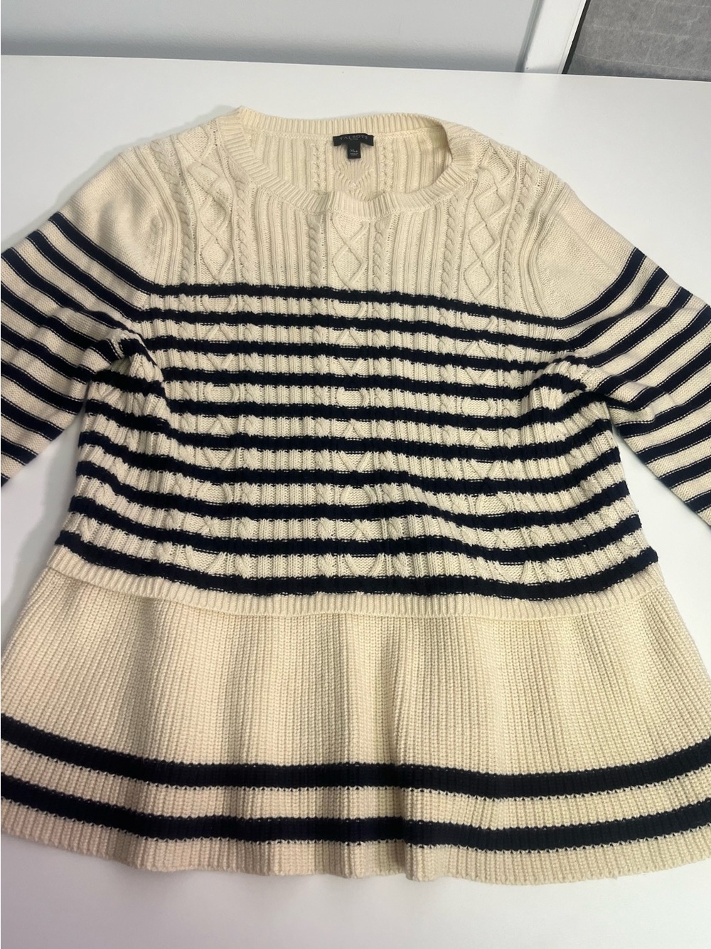 Talbots Cream and Black Striped Cable-Knit Crew Sweater